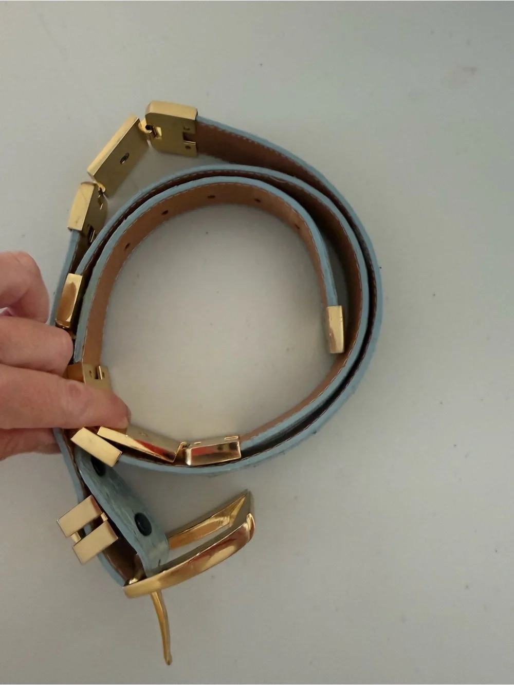 El General Belt Company Blue Genuine Ostrich Leather Gold Medusa Hardware Belt